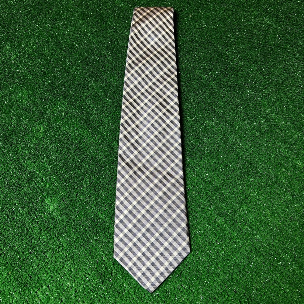 Brooks Brothers Makers Silk Tie Navy Grey Gingham Plaid Woven In England - Picture 2 of 8